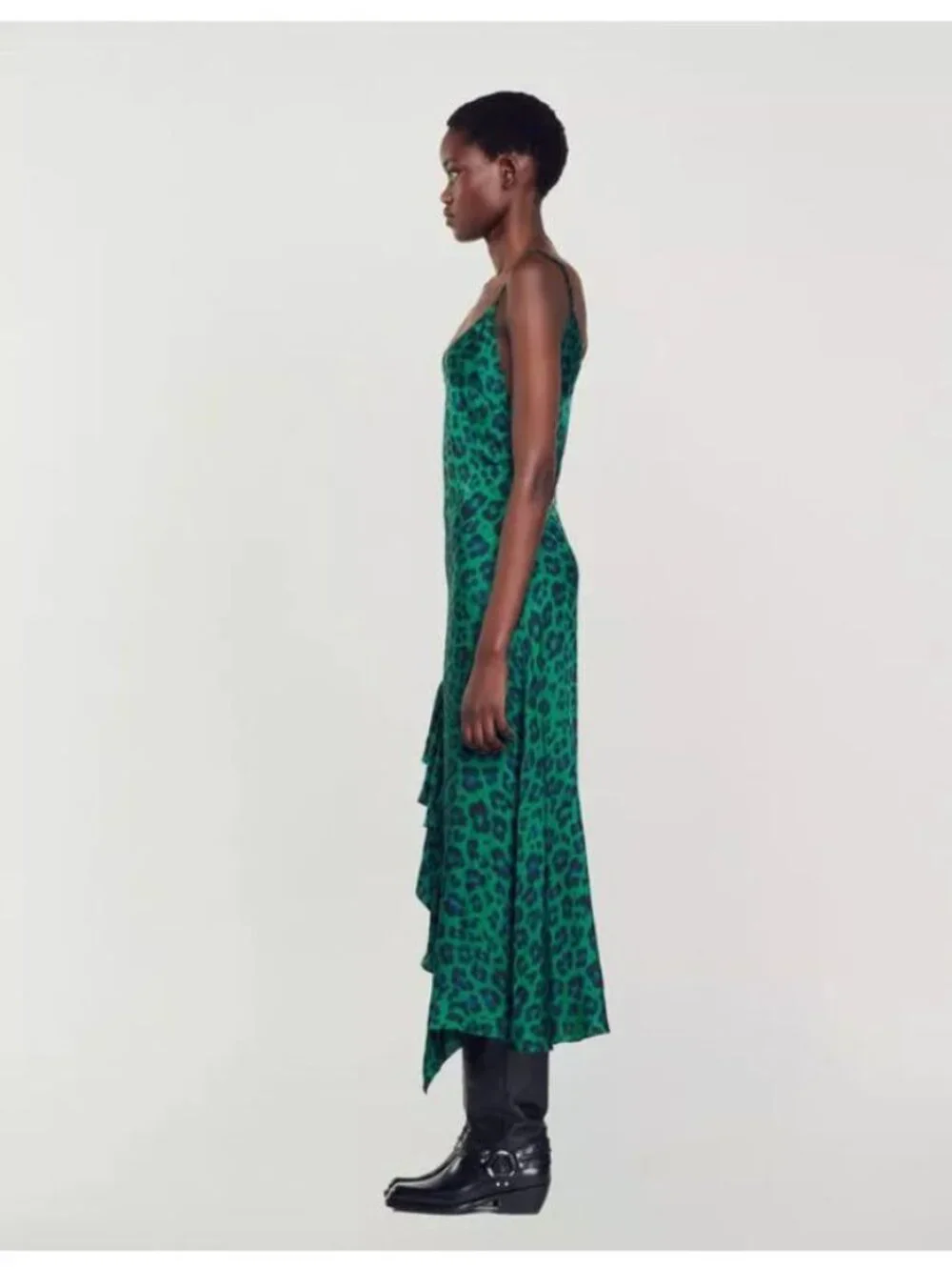 Sandro Amazonie Leopard Print Satin Midi Slip Dress Green Animal Print US 4 - Picture 5 of 16